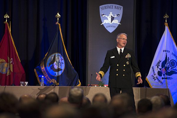 ARLINGTON, Va. (Jan. 10, 2017) Vice Adm. Tom Rowden, Commander, Naval Surface Forces, gives opening remarks at the 29th annual Surface Navy Association (SNA) National Symposium. Rowden is highlighting the new "Surface Force Strategy" which describes the return to sea control and implementation of Distributed Lethality. The objective of the Surface Force Strategy is to achieve and sustain sea control at the time and place of the Navy's choosing in order to protect the homeland from afar, build and maintain global security, project the national power of the United States, and, if necessary, win decisively. This year's SNA Symposium focuses on "Distributed Lethality: Enabling Sea Control." U.S. Navy photo by Mass Communication Specialist 2nd Class Ignacio Perez.