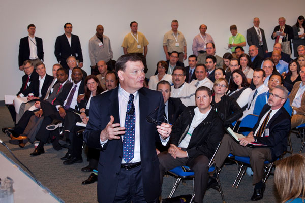 DON CIO Terry Halvorsen discussing information technology business reform at the DON IT Conference in San Diego in January. Photo courtesy of AFCEA International.