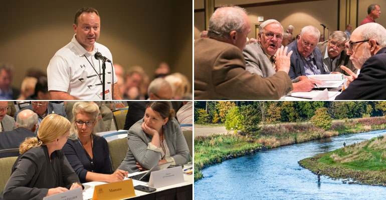 Top left, Senator Daniel Hall (R-W.V.) makes a comment during the NRI Standing Committee meeting at the 2015 Legislative Summit in Seattle. Top right, from left, New Hampshire Representatives George Sykes (D), back to camera, John O'Connor (R), Robert Introne (R) Sherman Packard (R), and, at right in photo, Senator David Watters (D), at the NRI meeting. Bottom left, from left, Montana Senators Jennifer Fielder (R), J.P. Pomnichowski (D) and Cynthia Wolken (D) at the NRI meeting. Bottom right, anglers do some fly fishing.