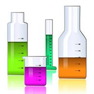 Illustration of four laboratory glass containers of different shapes and sizes containing different colored liquids.
