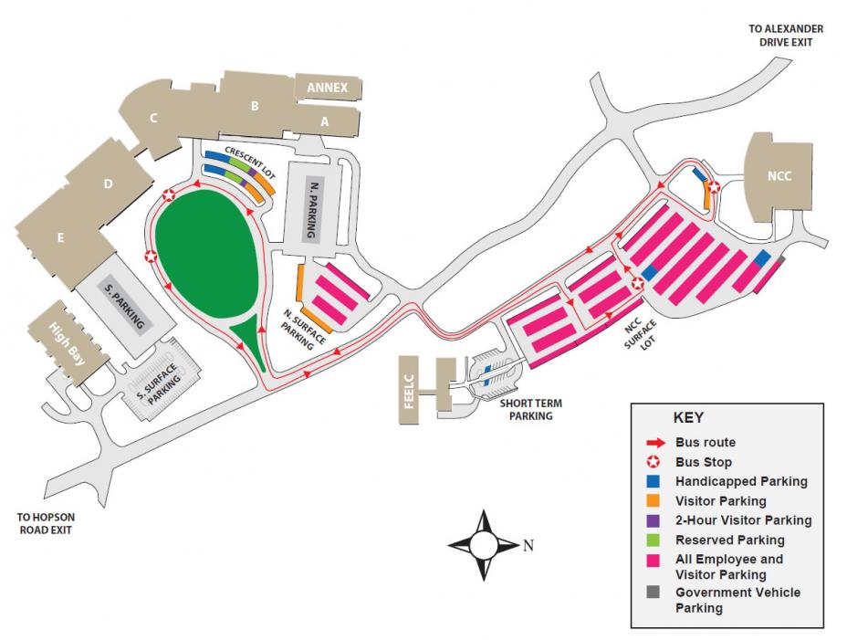 ;Map of the RTP campus showing location of buildings, parking lots, entrances, bus stops and loading docks