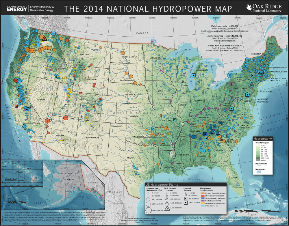 An illustrated map of the United States showing the location of various hydropower resources.