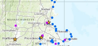 Map with sample communities tracked in Resilience and Adaptation in New England (RAINE) database.