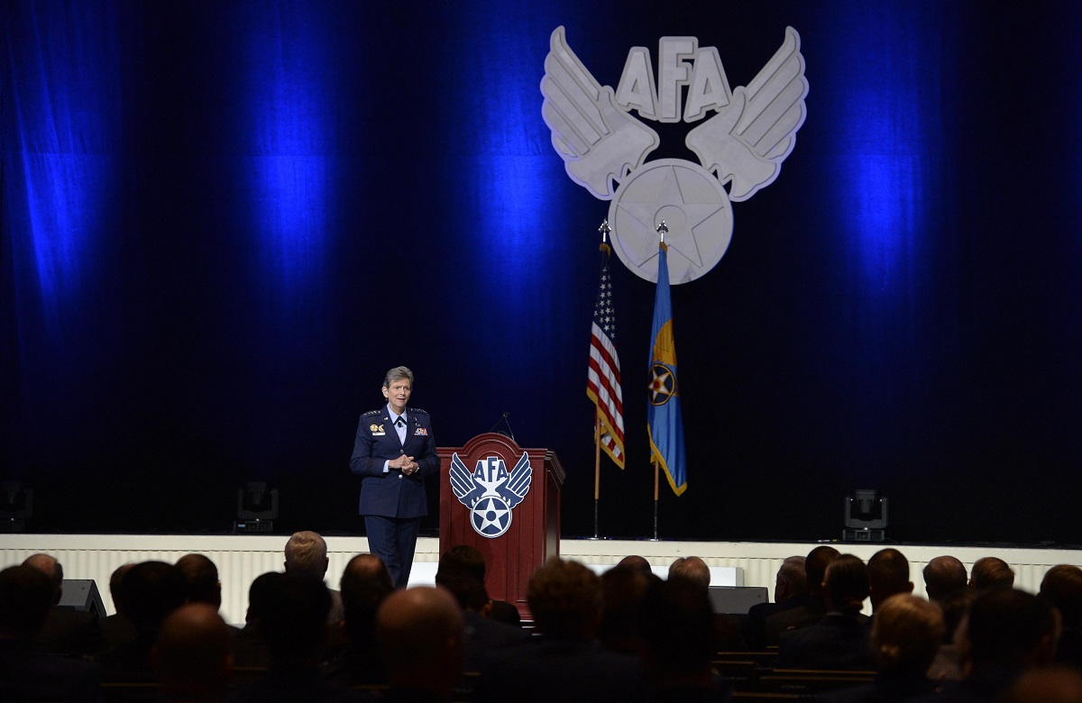 Gen. Ellen M. Pawlikowski, the Air Force Materiel Command commander, speaks to an audience during the Air Force Association's Air, Space and Cyber Conference in National Harbor, Md., Sept. 21, 2016. She spoke about the importance of cyber security.  U.S. Air Force photo/Staff Sgt. Whitney Stanfield 