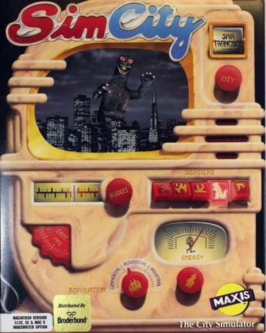 The box cover for SimCity for Macintosh computers, one of roughly 25,000 titles of vintage video games and productivity software applications in the Stephen M. Cabrinety Collection in the History of Microcomputing.
Credit: Courtesy of Department of Special Collections, Stanford University Libraries. 
