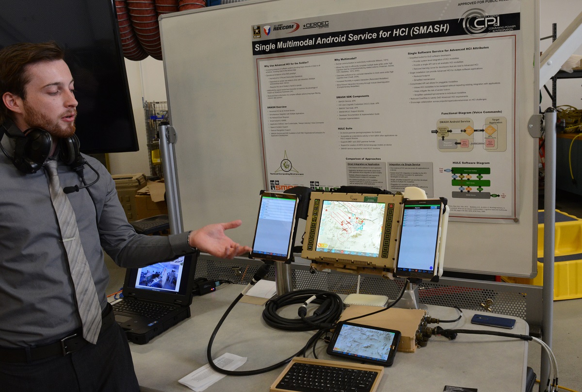 Nick Grayson, a junior prototype engineer at Aberdeen Proving Ground, Md., shows SMASH in action. Photo by David Vergun 