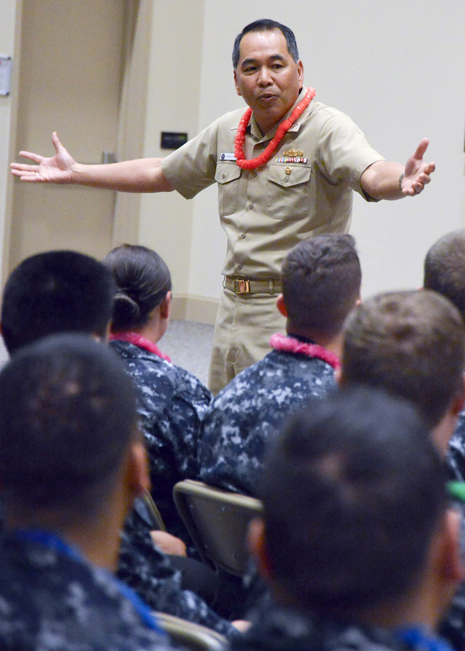 SUFFOLK, Va. (May 24, 2016) Sailors and DoD civilians assigned to Naval Information Forces (NAVIFOR), Naval Network Warfare Command (NNWC), 10th Fleet, Suffolk and Navy Cyber Defense Operations Command (NCDOC) gathered to recognize Asian American and Pacific Islander (AAPI) Heritage Month with a ceremony. Rear Adm. Peter A. Gumataotao, Deputy Chief of Staff, Strategic Plans and Policy, NATO Supreme Allied Command Transformation in Norfolk, a native of Guam served as guest speaker for the event. U.S. Navy Photo by Robert Fluegel.