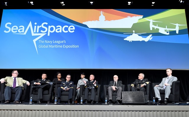 Rear Adm. Mat Winter, center, chief of naval research, leads an International Naval Leadership panel at the 2016 Sea-Air-Space Exposition. Panel members from left: Dr. Nicholas Joad, head of portfolio, Defense Science and Technology Laboratory, United Kingdom; Rear Adm. Harris Chan, Future Systems & Technology Architect Future Systems and Technology Directorate, Singapore Ministry of Defence; Adm. Bento Costa Lima Leite De Albuquerque Junior, Secretary of Science and Technology and Innovation of the Brazilian Navy; Winter; Mr. Dale Reding, director general, Science and Technology Air Force and Navy, Defence Research and Development, Canada; Rear Adm. José Joaquín Amézquita, director of strategic programs of the Colombian Navy, Ministry of National Defence; and Mr. Jamie Watson, counselor for the Defence Science and Technology Group, Australia. U.S. Navy photo by John F. Williams.