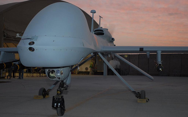 A U.S. Army MQ-1C Gray Eagle unmanned aerial vehicle armed with Hellfire missiles prepares to take off from Camp Taji, Iraq, Feb. 27, 2011. Army photo by 1st Lt. Jason Sweeney  