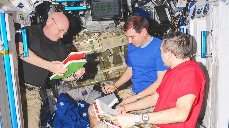 NASA astronaut Scott Kelly and cosmonauts Sergey Volkov and Mikhail Komienko of the Russian space agency Roscosmos review procedures aboard the International Space Station in September 2015. Credits: NASA