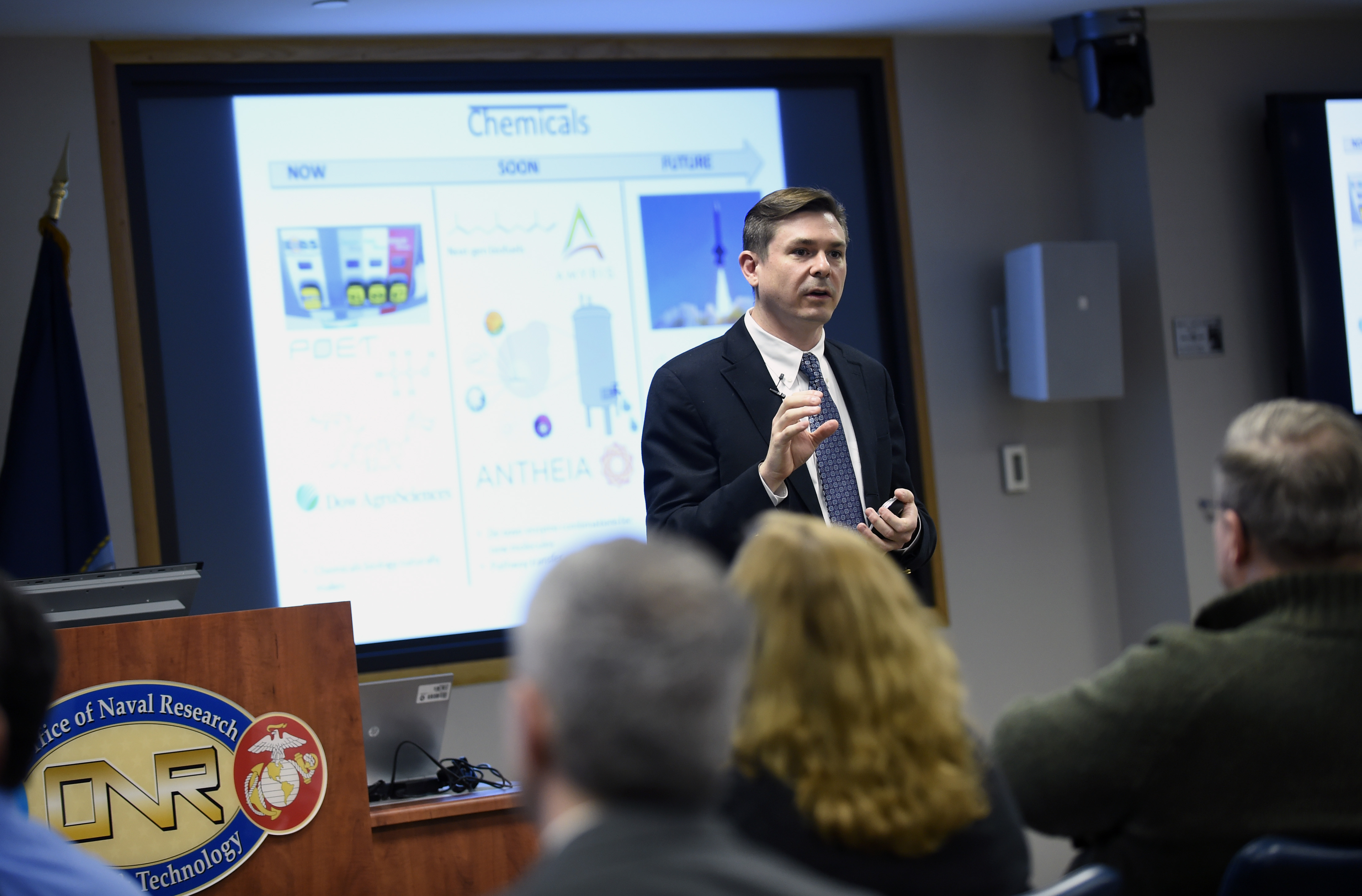 Dr. Christopher Voigt, a professor of biological engineering at the Massachusetts Institute of Technology, talks about his research in synthetic biology as part of a Distinguished Lecture Series held at the Office of Naval Research (ONR), located in Arlington, Va. ONR is recognized globally as a leader in its support of basic research in synthetic biology. U.S. Navy photo by John F. Williams.