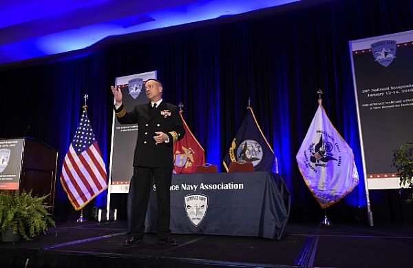 ARLINGTON, Va. (Jan. 13, 2016) Rear Adm. Mat Winter, chief of naval research, discusses game changing technology for the warfighter during a keynote address at the 28th annual Surface Navy Association (SNA) National Symposium. The Department of the Navy's Office of Naval Research provides the science and technology necessary to maintain the Navy and Marine Corps' technological advantage. U.S. Navy photo by John F. Williams.