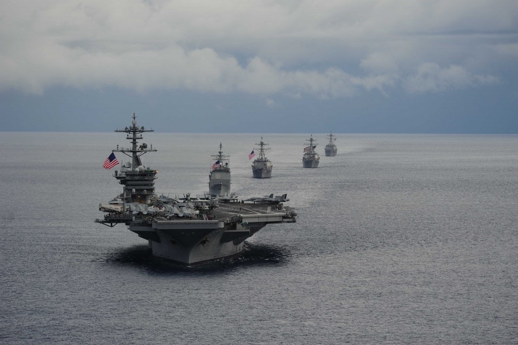 ATLANTIC OCEAN (Sept. 23, 2014 ) – The aircraft carrier USS Theodore Roosevelt (CVN 71) leads a formation of ships from Carrier Strike Group 12 during a maneuvering exercise. U.S. Navy photo