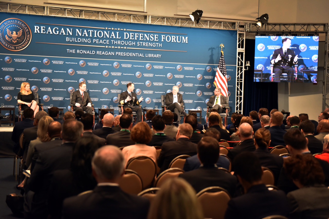 SIMI VALLEY Calif. (Nov. 7, 2015) Chief of Naval Operations (CNO) Adm. John Richardson answers a question from moderator Doug Cameron of the Wall Street Journal during a panel discussion at the Reagan National Defense Forum at the Ronald Reagan Presidential Foundation and Library. Richardson and other defense sector leaders discussed the need to to learn faster in today's national security environment.  U.S. Navy photo by Cmdr. Chris Servello 