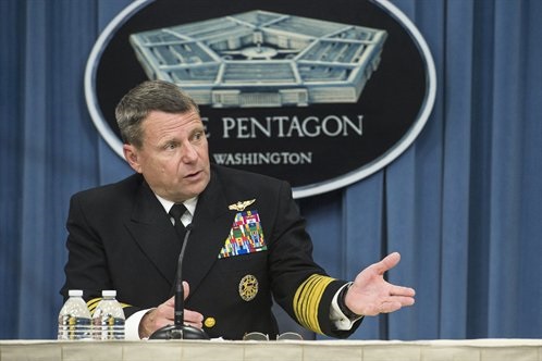 Navy Adm. William E. Gortney, commander of U.S. Northern Command and North American Aerospace Defense Command, briefs reporters at the Pentagon, April 7, 2015. DoD photo by U.S. Air Force Master Sgt. Adrian Cadiz
