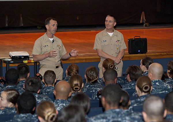 OCEANA, Va. (Sept. 22, 2015) Chief of Naval Operations (CNO) Adm. John Richardson and Master Chief Petty Officer of the Navy (MCPON) Mike Stevens visit with Sailors during an all-hands call at Naval Air Station Oceana. Stevens is in the area with Richardson during their first Fleet engagement together. U.S. Navy photo by Mass Communication Specialist 1st Class Martin L. Carey.