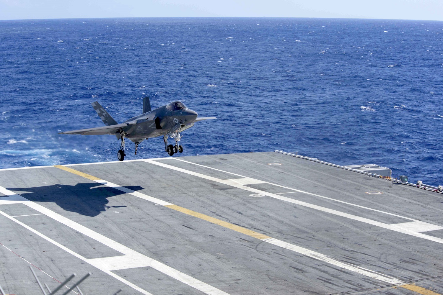 ATLANTIC OCEAN (Oct. 3, 2015) An F-35C Lightning II carrier variant joint strike fighter assigned to the Salty Dogs of Air Test and Evaluation Squadron (VX) 23 prepares to make an arrested landing aboard the aircraft carrier USS Dwight D. Eisenhower (CVN 69). The F-35C Lightning II Pax River Integrated Test Force is currently conducting follow-on sea trials aboard the Eisenhower.  U.S. Navy photo by Mass Communication Specialist 3rd Class Jameson E. Lynch 