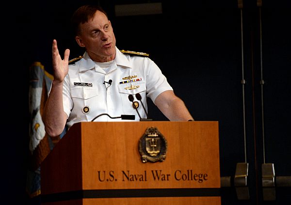NEWPORT, R.I. (Aug. 17, 2015) Adm. Michael S. Rogers, commander of U.S. Cyber Command, director, National Security Agency, chief, Central Security Service, provides a keynote address to students, staff, faculty, and guests during a convocation ceremony kicking-off the 2015-2016 school year at U.S. Navy War College (NWC) in Nepwort, R.I. During the ceremony, Rogers provided a keynote address and was presented NWC's 2015 Distinguished Graduate Leadership Award. The award honors NWC graduates who have earned positions of prominence in the national defense field. U.S. Navy photo by Chief Mass Communication Specialist James E. Foehl.