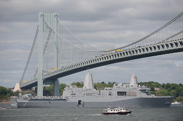 NEW YORK (May 20, 2015) The amphibious transport dock ship USS San Antonio (LPD 17) enters New York harbor during the Parade of Ships to start Fleet Week New York 2015. Fleet Week New York, now in its 27th year, is the city's time-honored celebration of the sea services. It is an unparalleled opportunity for the citizens of New York and the surrounding tri-state area to meet Sailors, Marines and Coast Guardsmen, as well as witness firsthand the latest capabilities of today's maritime services. U.S. Navy photo by Mass Communication Specialist 2nd Class Abe McNatt.
