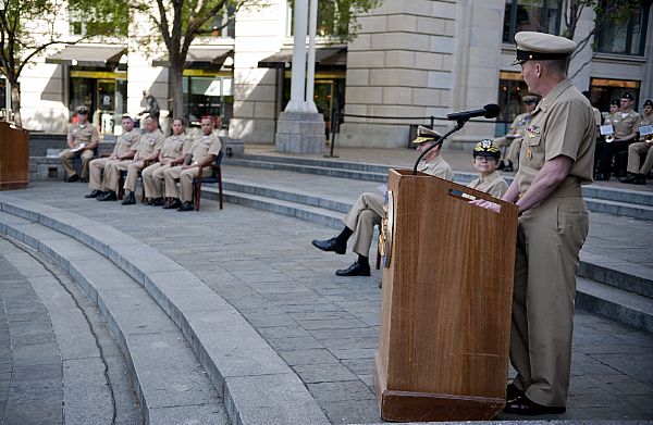 WASHINGTON (May 14, 2015) Master Chief Petty Officer of the Navy (MCPON) Mike Stevens delivers remarks during the 2014 Sailor of the Year promotion ceremony at the Navy Memorial. Construction Mechanic 1st Class Jimie Bartholomew, representing U.S. Navy Reserve, Steel Worker 1st Class Brenton W. Heisserer, representing U.S. Navy Shore, Boatswain's Mate 1st Class Joe A. Mendoza, representing U.S. Fleet Forces, and Logistics Specialist 1st Class Blanca A. Sanchez, representing U.S. Pacific Fleet, were meritoriously advanced to chief petty officer. U.S. Navy photo by Mass Communication Specialist 2nd Class Eric Lockwood.