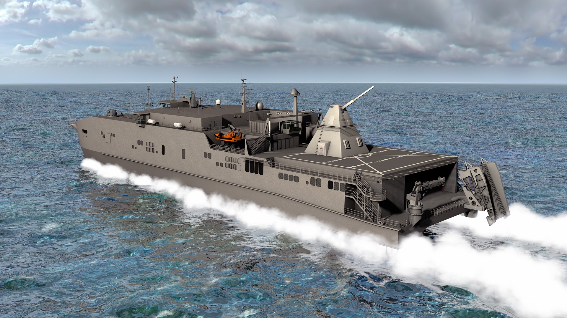 An artist rendering illustrates the Office of Naval Research-funded electromagnetic railgun installed aboard the joint high-speed vessel USNS Millinocket (JHSV 3). Photo courtesy of U.S. Navy.