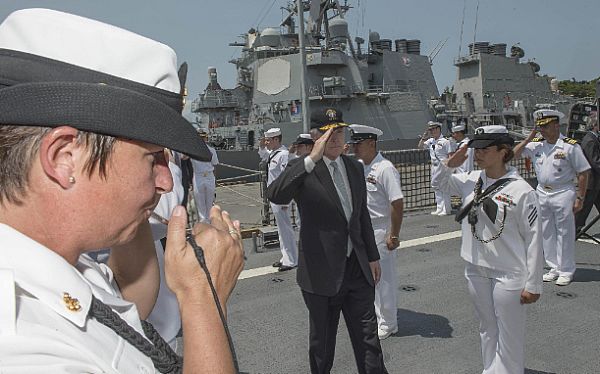 DA NANG, Vietnam (April 9, 2015) Senior Chief Boatswain's Mate Brandi Spencer, from San Diego, pipes Secretary of the Navy (SECNAV) Ray Mabus aboard the littoral combat ship USS Fort Worth (LCS 3) during Naval Engagement Activity (NEA) Vietnam 2015. In its sixth year, NEA Vietnam is designed to foster mutual understanding, build confidence in the maritime domain and strengthen relationships between the U.S. Navy, Vietnam People's Navy and the local community. U.S. Navy photo by Mass Communication Specialist 2nd Class Conor Minto.