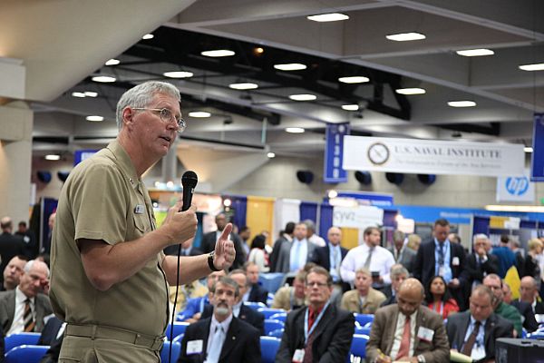 SAN DIEGO (Feb. 10, 2015) Rear Adm. David H. Lewis, commander of Space and Naval Warfare Systems Command (SPAWAR), discusses the latest initiatives and role in Navy cyber warfare at the Armed Forces Communication and Electronics Association-U.S. Naval Institute (AFCEA/UNSI) WEST 2015. AFCEA/USNI WEST is an annual conference featuring military and industry leaders from across the country. U.S. Navy photo by Krishna Jackson.