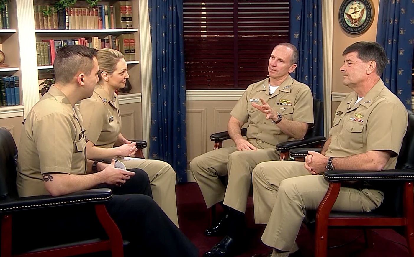 WASHINGTON, (Feb. 23, 2015) Chief of Naval Operations (CNO) Adm. Jonathan Greenert, right center, and Chief of Naval Personnel Vice Adm. Bill Moran, right, talk about personnel challenges with Lt. Caroline Hutcheson, center left, and Mass Communication Specialist 1st Class Elliott Fabrizio during the latest edition of "Conversation With A Shipmate." U.S. Navy photo by Mass Communication Specialist 1st Class Nathan Laird.