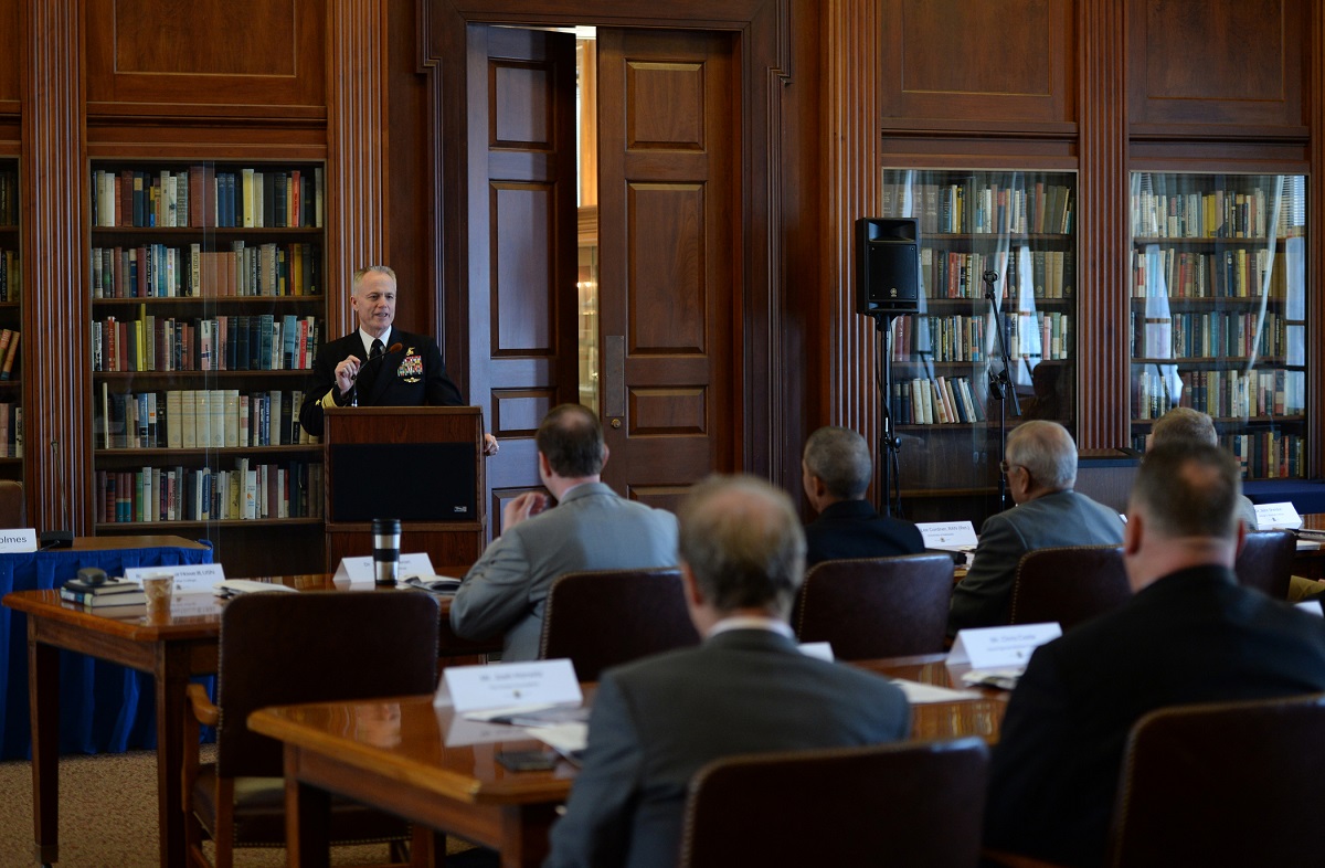 NEWPORT, R.I. (March 25, 2015) Rear Adm. P. Gardner Howe III, president of U.S. Naval War College (NWC), addresses participants of the 2015 Maritime Power and International Security, EMC Chair symposium at NWC in Newport, Rhode Island. The three-day event brought together Navy, academia, and national security community experts to discuss the relationship between maritime power and international security, contemporary maritime challenges, and strategic approaches to advance and defend national interests. U.S. Navy photo by Chief Mass Communication Specialist James E. Foehl.

