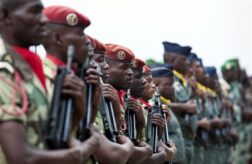 Military members from the Gabonese Armed Forces stand in formation during the opening day ceremony for this year’s Central Accord Exercise in Libreville, Gabon on June 13. U.S. Army Africa’s exercise Central Accord 2016 is an annual, combined, joint military exercise that brings together partner nations to practice and demonstrate proficiency in conducting peacekeeping operations. (U.S. Army Africa photo by Tech. Sgt. Brian Kimball)