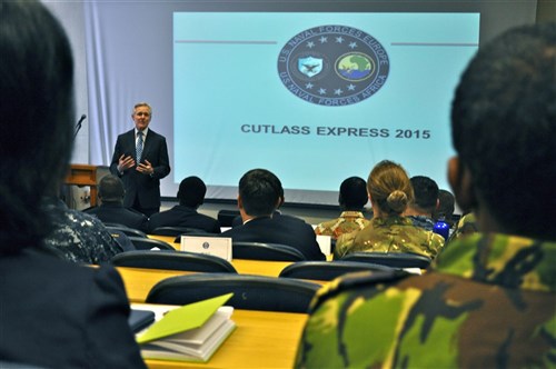 Secretary of the Navy (SECNAV) Ray Mabus speaks to participants about the importance of maritime security at the final planning event of Exercise Cutlass Express 2015. Cutlass Express is a U.S. Africa Command-sponsored multinational maritime exercise designed to increase maritime safety and security in the waters off East Africa. (U.S. Navy photo by Lt. Cheryl A. Collins/Released)