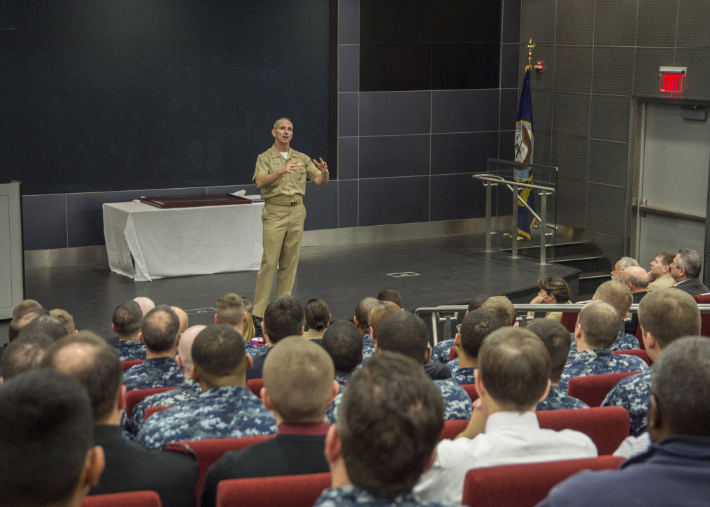 FORT MEADE, Md. (December 17, 2014) Chief of Naval Operations Adm. Jonathan Greenert answers questions from  U.S. Fleet Cyber Command/ U.S. 10th Fleet,  during an all hands call held at Fort Meade, Maryland.  Department of Defense Photo.

