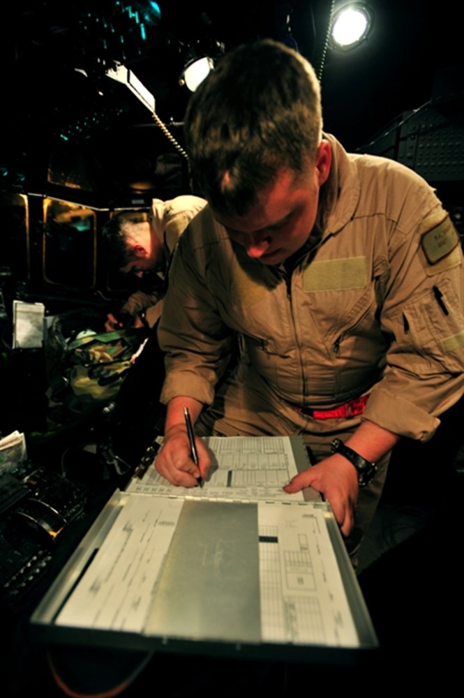 CAMP LEMONIER, Djibouti - U.S. Air Force Staff Sergeant Ray Scheindel, an aircrewman assigned to the 449th Air Expeditionary Group, completes a post-flight checklist aboard an HC-130P Hercules aircraft at Camp Lemonier, Djibouti, January 24, 2009. Scheindel and 16 others with Combined Joint Force - Horn of Africa participated in a three-day operation 260 miles off the coast of Madagascar to rescue three Americans whose sail boat capsized. The crew was able to spot and save one of the stranded. (Photo by Petty Officer 2nd Class Jesse B. Awalt, U.S. Navy) 