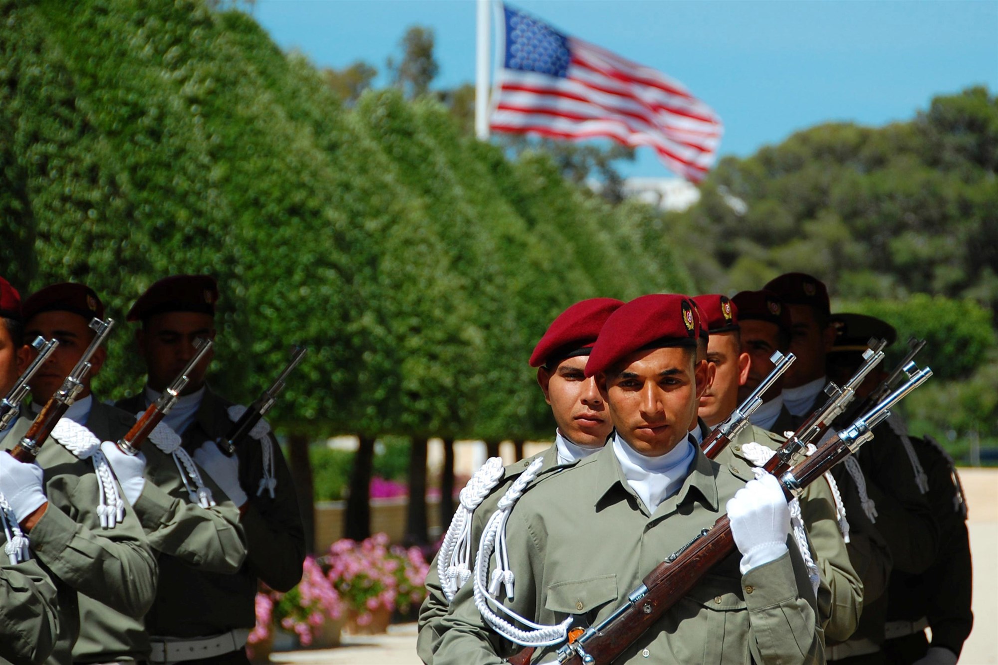 CARTHAGE, Tunisia - Members of a Tunisian military honor guard march into position during a Memorial Day ceremony May 31 2010, honoring American who gave their lives in Tunisia and across North Africa during World War II. The ceremony took place at the North Africa American Cemetery  and Memorial in the historic city of Carthage, near Tunis. (Photo by Vince Crawley, U.S. Africa Command)