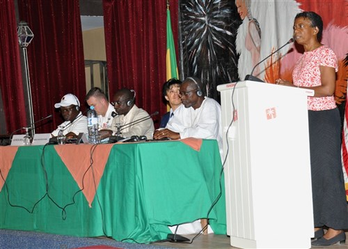 SALY, Senegal - Alfreda Brewer, acting mission director, U.S. Agency for International Development (USAID) Senegal, addresses participants of the Senegalese National Government Pandemic Disaster Response Tabletop Exercise at the closing ceremony, July 29, 2011, in Saly, Senegal.  Nearly 100 civilian and military representatives from Senegal and the United States, as well as experts from international agencies, participated in the five-day exercise intended to assist the Senegalese government in assessing its pandemic influenza preparedness and also identify and validate how the Senegalese Armed Forces can assist in Senegal's National Pandemic Response Plan.  Brewer told exercise participants that "proper planning for potentially adverse consequences of disasters, such as pandemics, helps save lives and livelihoods."  Also pictured (left to right) are Dr. Mar Lo, director of Civil Protection, Ministry of Interior; Lieutenant Colonel Eric Lanham, exercise coordinator, U.S. AFRICOM; Abdou Khoudoss Niang, cabinat director, Ministry of Health; Brigadier General Stayce Harris, U.S. AFRICOM's mobilization reserve assistant to the commander; and Dr. Aboubacry Fall, director of medical prevention, Ministry of Health and Prevention. (U.S. AFRICOM photo by Nicole Dalrymple)