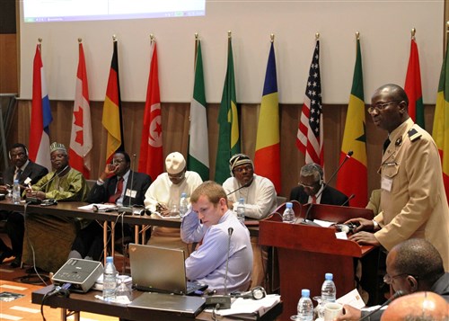 DAKAR, Senegal -Senegalese Colonel Boubacar Seck, Flintlock 11 Exercise Director, speaks to Trans-Saharan civilian ministry and national agency members, operational-level military members, and guests and observers from Trans-Sahara Counterterrorism Partnership participating countries during the TSS Senior Leader Symposium closing ceremony here March 4, 2011. U.S. Africa Command's Operation Enduring Freedom-Trans Sahara conducted two strategic-level working engagements here supported by the Trans-Sahara Security Symposium as part of Exercise Flintlock 11.  (Photo by Mr. Damien Rothstein, U.S. Africa Command) 