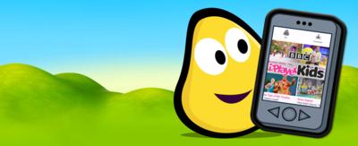 A CBeebies bug and smart phone featuring the iplayer kids app.