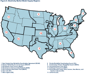 Figure 6. Electricity Market Model Supply Regions.  Need help, contact the National Energy Information Center at 202-586-8800.