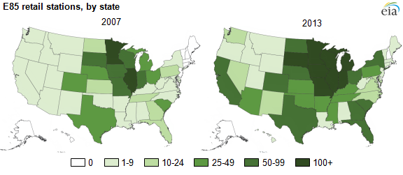 map of e85 stations by state, 2007 and 2013, as explained in the article text