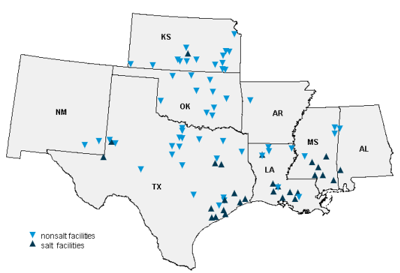 Map of salt and nonsalt facilities in the Producing Region