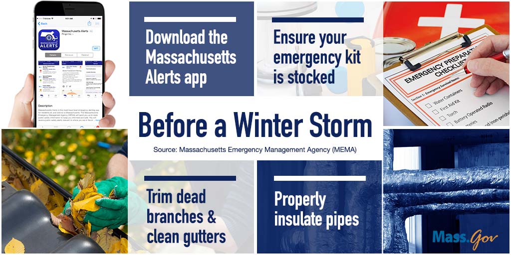 Before a Winter Storm. Download the Massachusetts Alerts app. Ensure your emergency kit is stocked. Trim deat branches & clean gutters. Properly insulate pipes.