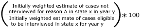 Initially weighted estimate of cases not interviewed for reason A in state x in year y divided by initially weighted estimate of cases eligible to be interviewed in state x for year y multiplied by 100