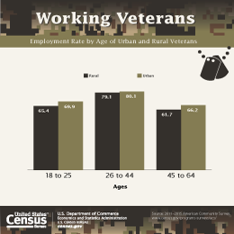Employment rate of urban and rural veterans.