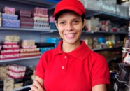 Young Employee in Red Uniform Smiles in Front of Store