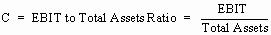 C = EBIT to Total Assets Ratio = the sum of Market Value of Common Stock + Preferred Stock divided by the sum of Total Current Debt + Long Term Debt