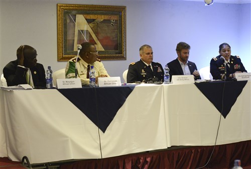 U.S. Army Col. Lisa Keuogh, right, commander of the Defense Logistics Agency Europe and Africa, discusses the logistical lessons learned during Operation United Assistance during the Africa Logistics Forum in Addis Ababa, Ethiopia, June 23, 2015. U.S. Africa Command sponsored the three-day forum in partnership with the Africa Union and the Africa Center for Strategic Studies.