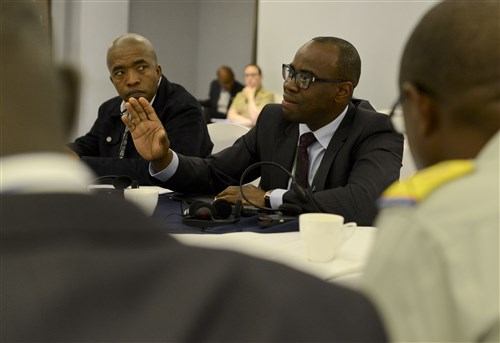 Nigeria Army Col. Adekunle Adeyinka speaks during a small group discussion during the Africa Logistics Forum in Addis Ababa, Ethiopia, June 24, 2015. U.S. Africa Command sponsored the three-day forum in partnership with the Africa Union and the Africa Center for Strategic Studies.