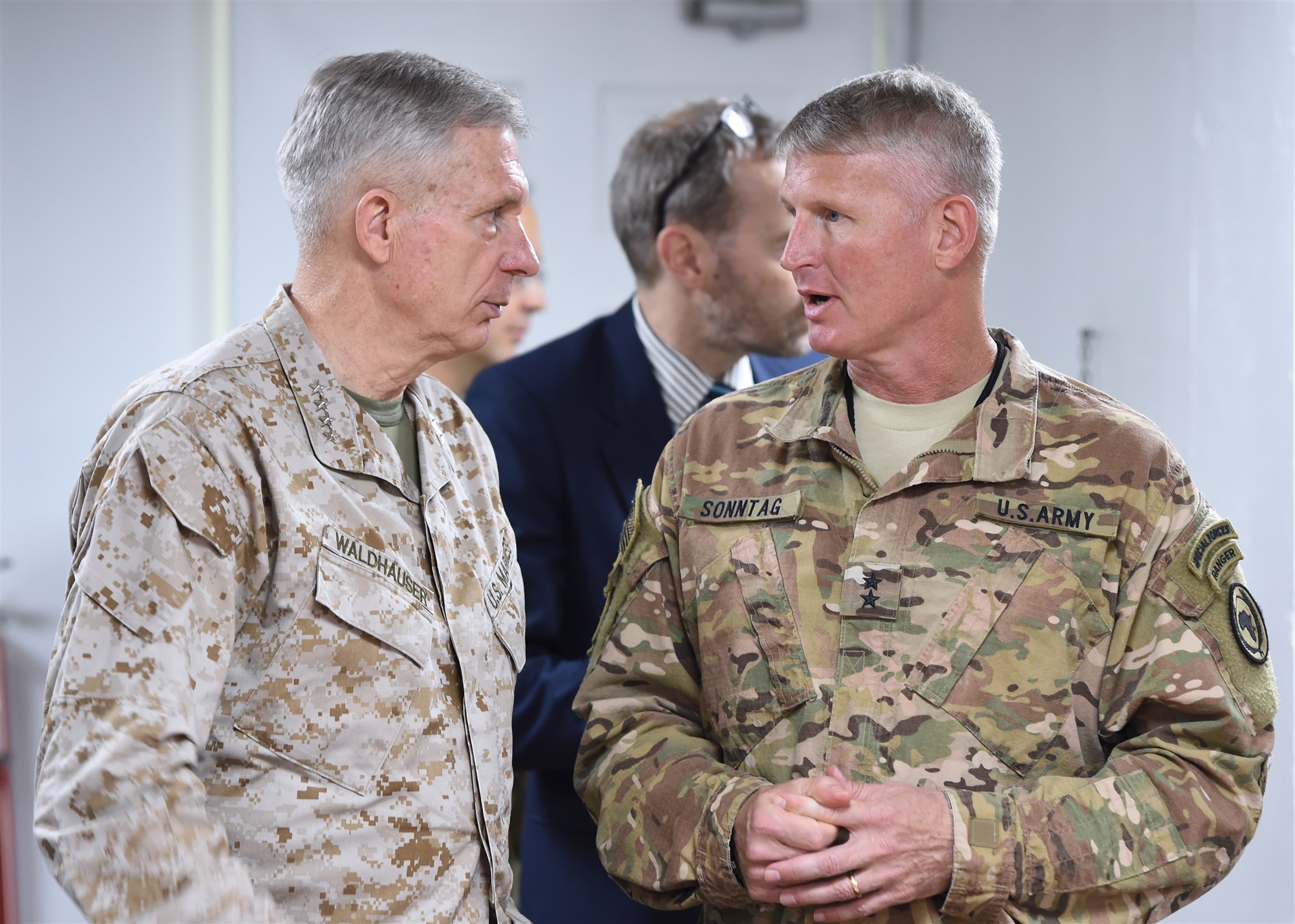 Gen. Thomas Waldhauser, commander of U.S. Africa Command and Combined Joint Task Force-Horn of Africa Commanding General Maj. Gen. Kurt Sonntag converse during the 2017 East Africa Security Synchronization Conference at Camp Lemonnier, Djibouti, Jan. 24. The two-day event allowed U.S. Embassy representatives from eight East African nations to engage with AFRICOM leadership, and provided the opportunity for an open dialogue to discuss the security environments of each country. (U.S. Air National Guard photo by Master Sgt. Paul Gorman/Released) 