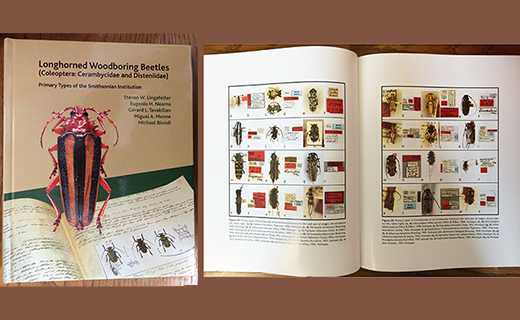 Image shows the cover and a sample page from the book on longhorned woodboring beetles. 