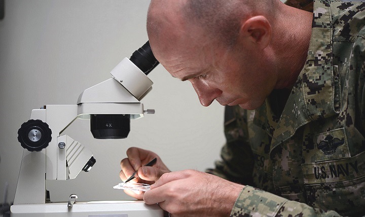 Navy Petty Officer 1st Class James Bowes, Camp Lemonnier's expeditionary medical facility senior preventive-medicine technician, places mosquitoes on a dish to view under a microscope at Camp Lemonnier, Djibouti. Bowes, a member of the camp's mosquito-control program, routinely analyzes mosquitoes to help determine the risk of mosquito-borne diseases like malaria. (U.S. Navy photo by Petty Officer 1st Class Tom Ouellette)